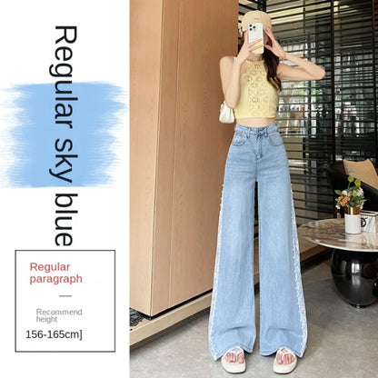 High Waist Women Jeans New Summer Thin Fashion Loose Hollow Out Wide Leg Pearl Lace Rayon Denim Pants