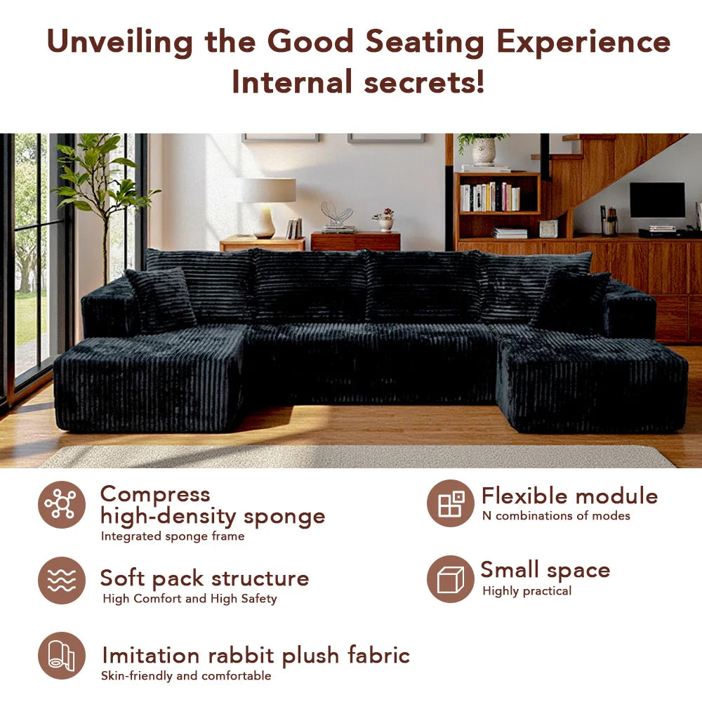 128 Inch Black U‑Shaped Modular Cloud Sofa, Vacuum Compressed Packing Clearance Sale, Local Warehouse Shipping for Living Room Home Furniture