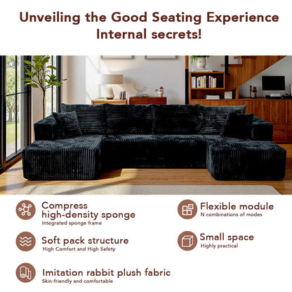 128 Inch Black U‑Shaped Modular Cloud Sofa, Vacuum Compressed Packing Clearance Sale, Local Warehouse Shipping for Living Room Home Furniture