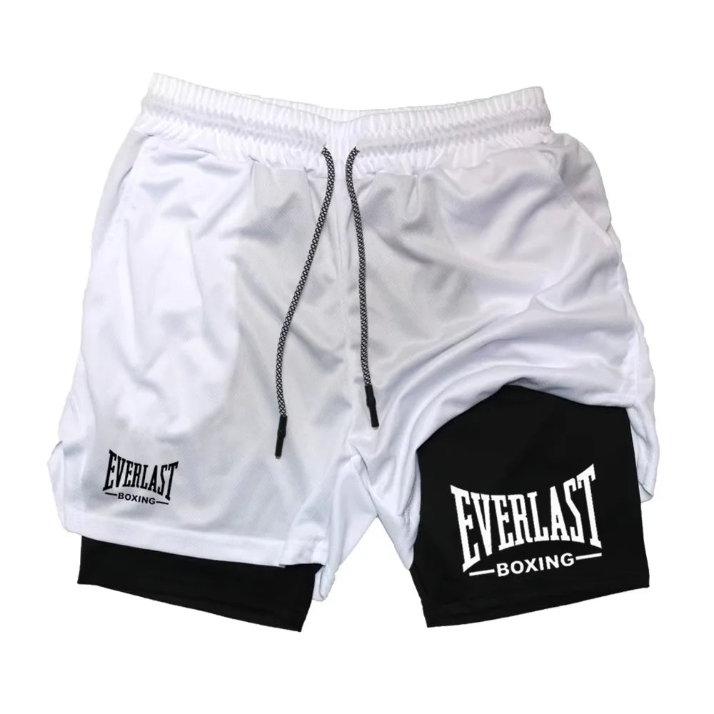 Men's compression gym shorts, EVERLAST printed sports pants, double layered, quick drying, basketball, muscle, fitness