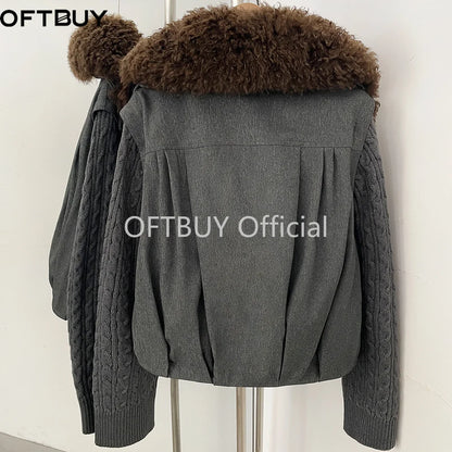OFTBUY Women Winter Real Lamb Wool Fur Collar 90 White Duck Down Jacket Cable Knit Sleeve Zipper Drawstring Cropped Coat