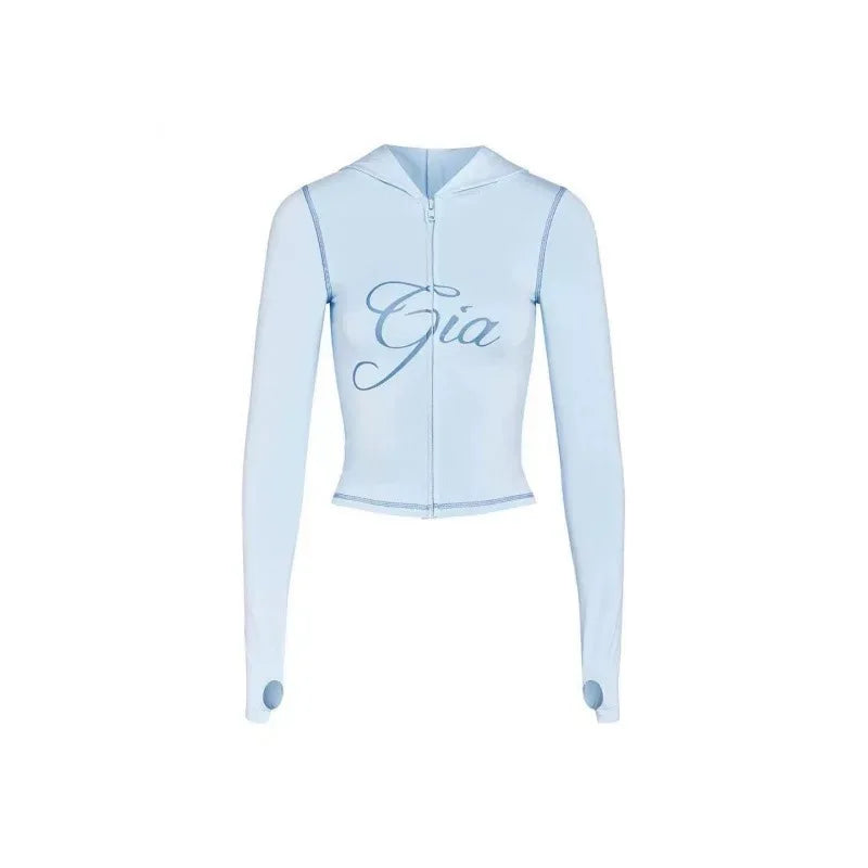 Gia Straight Shoulder Slim Letter Print Slim Hooded Zipper Short Jacket Sports Casual Pants Set