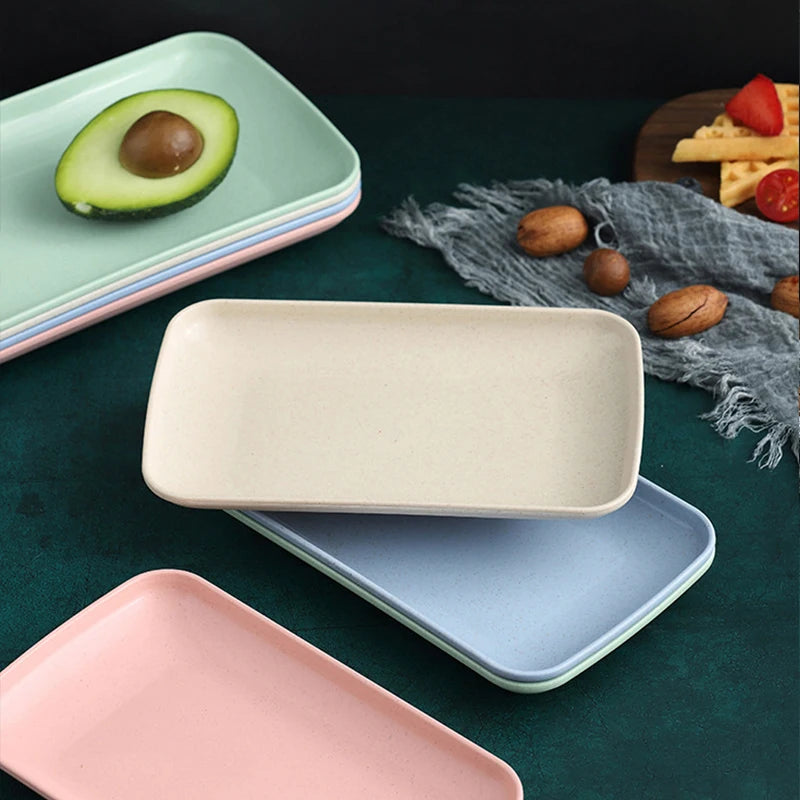 Set of 4 Wheat Straw Plates Dessert Plates Fruit Dish for Dessert Cupcake Salad Steak Home and Kitchen Decor (4 Pcs Rectangle)