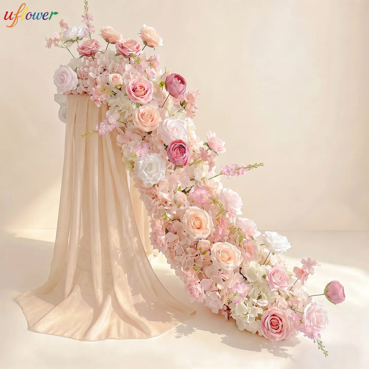 Uflower Pink Rose  Wedding Backdrop Decor Floor Flower Runner Event Table Centerpieces Silk Floral Strip Arrangement Party Props