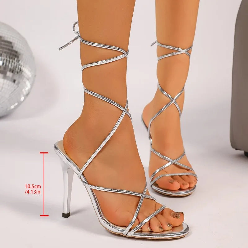 Women’s Silver Thin-Strap Wrap High-Heeled Sandals Summer New Sexy Open-Toe Lace-Up Stiletto Roman Shoes