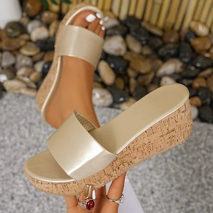 Fashion Gold Wedge Sandals for Women 2026 Summer Thick Bottom Platform Sandals Woman Plus Size 43 Beach Shoes