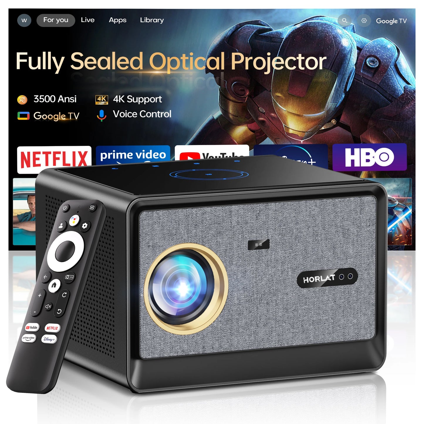 HORLAT 50000Lumens Google TV Projector Fully Sealed Optical Beamer 4K Smart Home Theater Movie Projector WiFi 6 Voice Assistant