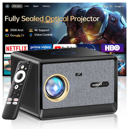 HORLAT 50000Lumens Google TV Projector Fully Sealed Optical Beamer 4K Smart Home Theater Movie Projector WiFi 6 Voice Assistant