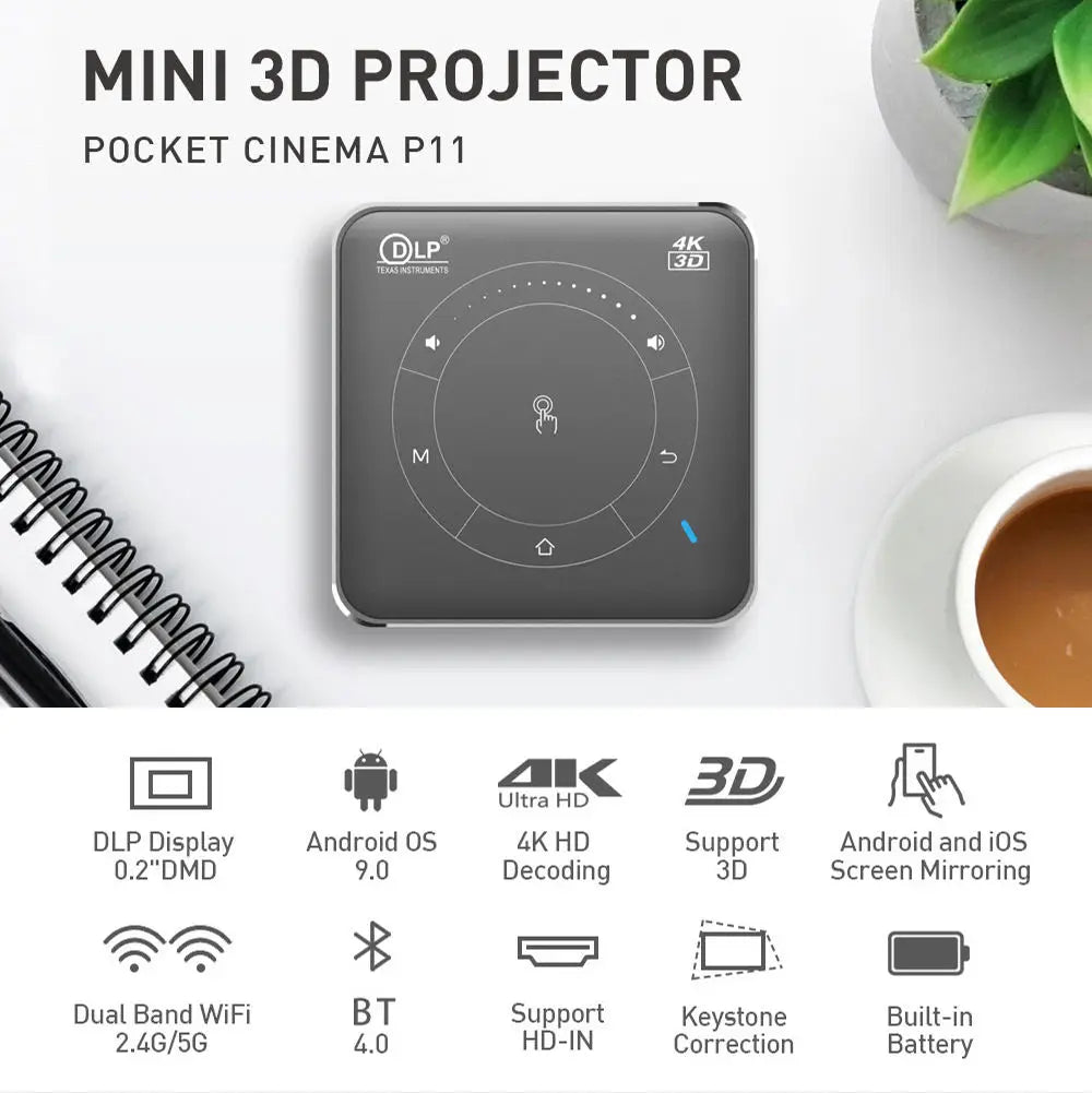 4K DLP LED Mini Portable Projector Model P11 16GB 32GB Android Smart Phone 1080p HD 2G 4G RAM Built-in Battery HIFI Stereo