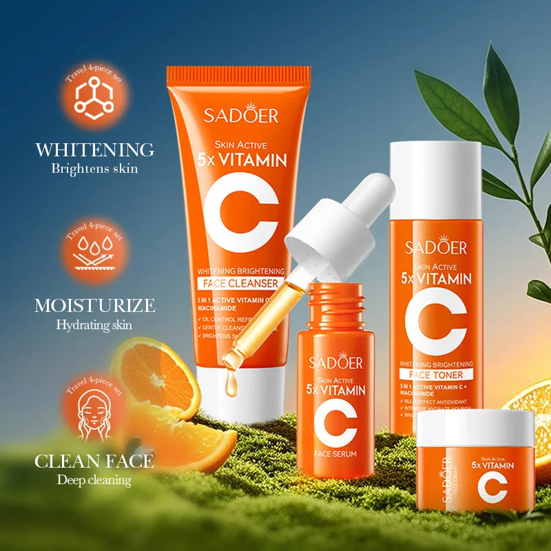 SADOER 5X Vitamin C Travel Skincare Set - Cleanser, Toner, Serum, Cream | Whitening Brightening Moisturizing Face Care Mini Kit