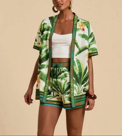 Summer Women's Suit With Shorts Printed Crop Top Short Pants Blue Patterned Set Green Floral Casual Shorts