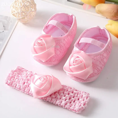 Spring Infant Baby Girl Shoes Newborn Lace Flowers Headband Anti-Slip Soft Sole First Walkers Toddler Kids Cotton Baptism Shoes