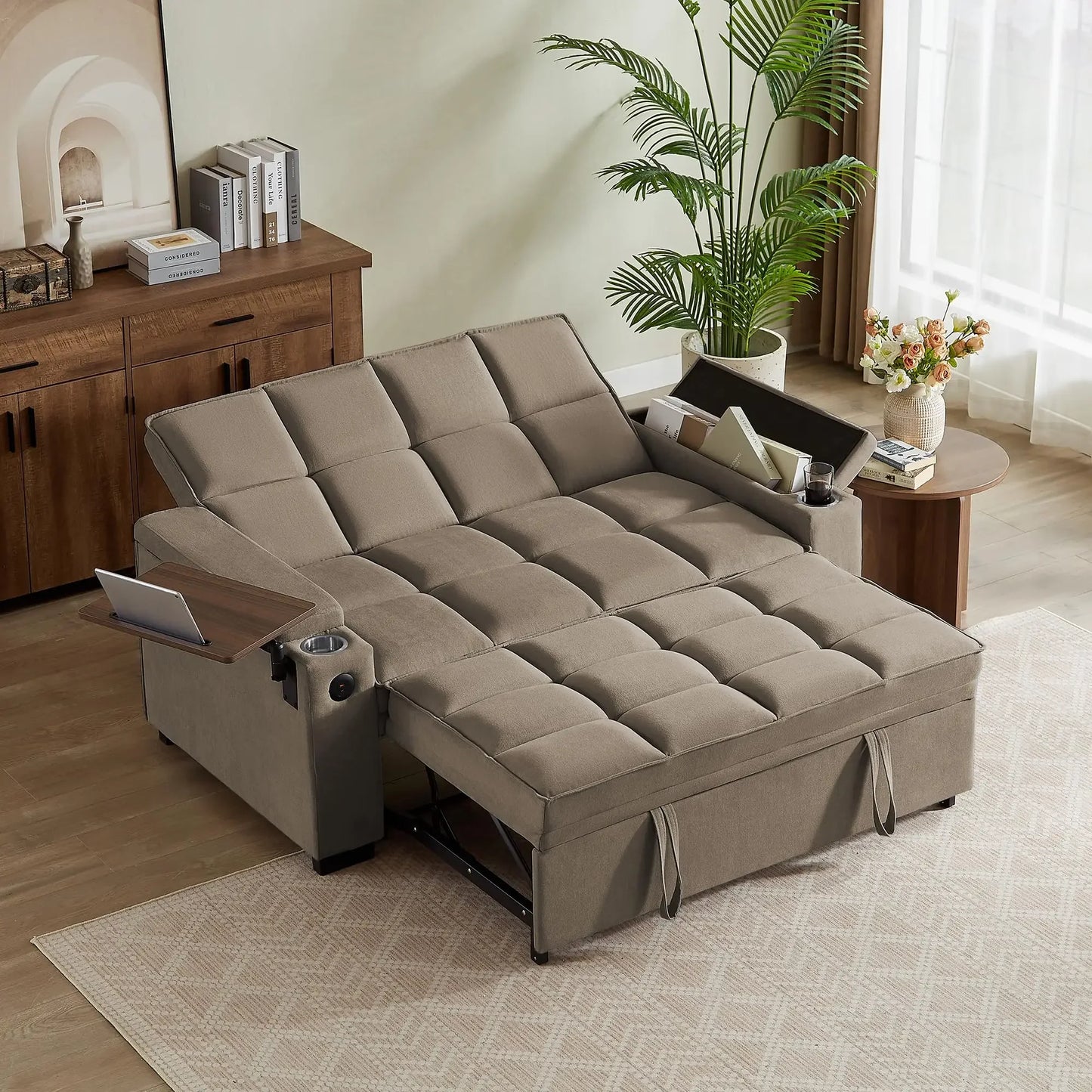 hansones 65'' 3-in-1 Folding Convertible Sofa Bed, Pullout Sofa, Modern Chenille Fabric, 360° Swivel Side Table, Easy Assembly,