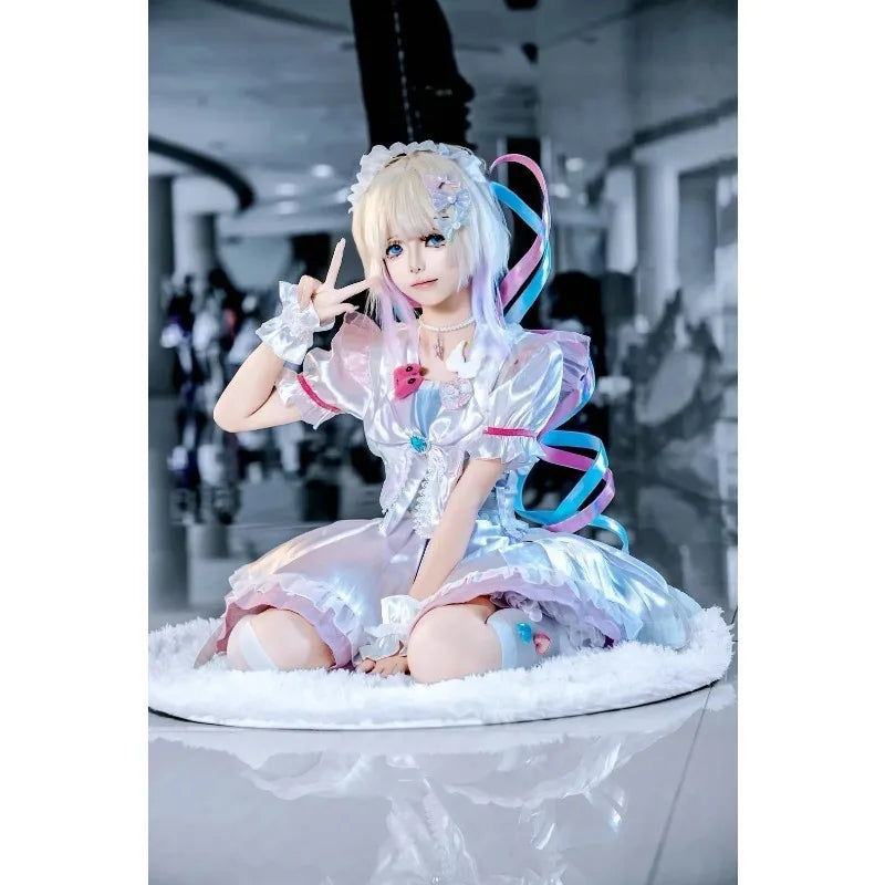 Handmade Ame Laser Double Ponytails Hairclip Anime KAngel Rain Cosplay Wig Shiny Ribbon Pink Blue Hair Halloween Roleplay Props
