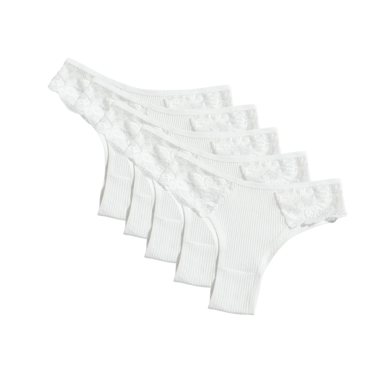 5Pcs/Set Women Cotton Panties Floral Lace Side Panel Low Rise Rib Briefs Low Cut Underwear Comfort Sexy Lingerie Daily Bikini