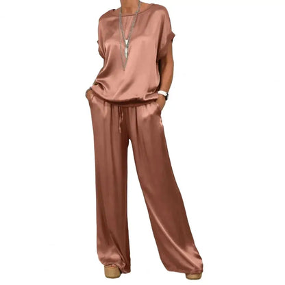 Simple Satin Women's Suits Summer Fashion Short Sleeve Loose Blouse Wide Leg Pants Two Piece Set For Women Casual Outfits