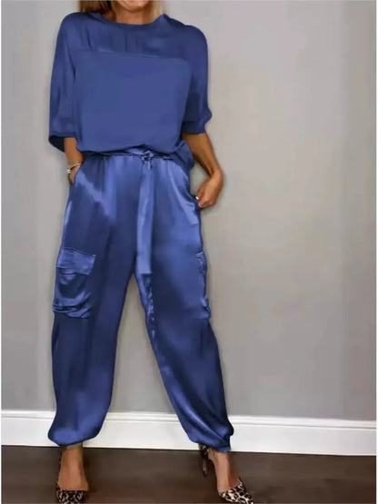 Women's Summer Fashion Solid Satin Two Piece Set Women O Neck Long Sleeved Top Long Pants Casual Loose 2 Piece Set Women Clothes