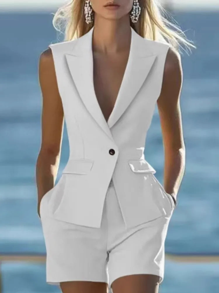 Elegant Women Solid Sleeveless Suit Vest Two Piece Sets Summer Casual Lapel Button Top And Shorts Party Lady Slim Suit Outfits