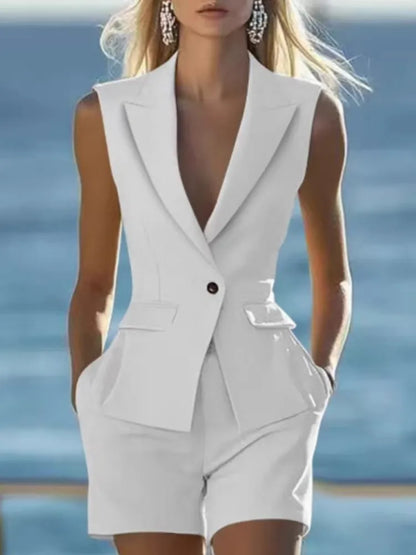Elegant Women Solid Sleeveless Suit Vest Two Piece Sets Summer Casual Lapel Button Top And Shorts Party Lady Slim Suit Outfits