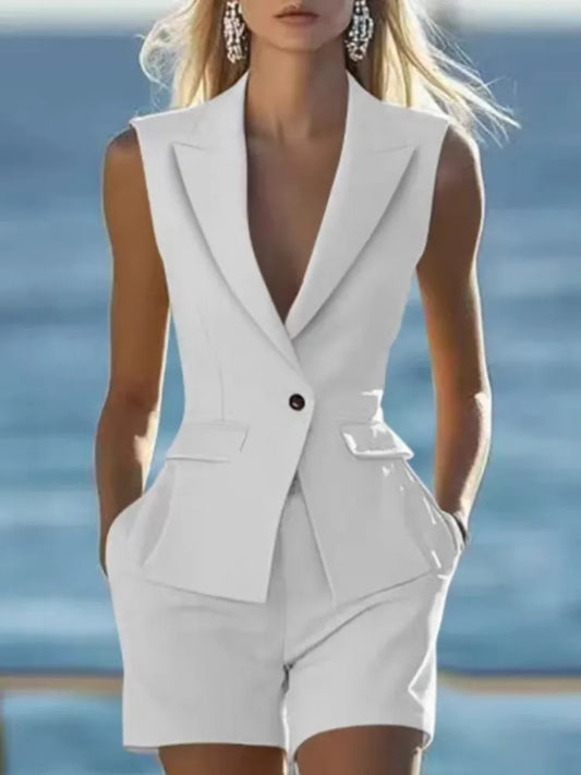 Elegant Women Solid Sleeveless Suit Vest Two Piece Sets Summer Casual Lapel Button Top And Shorts Party Lady Slim Suit Outfits
