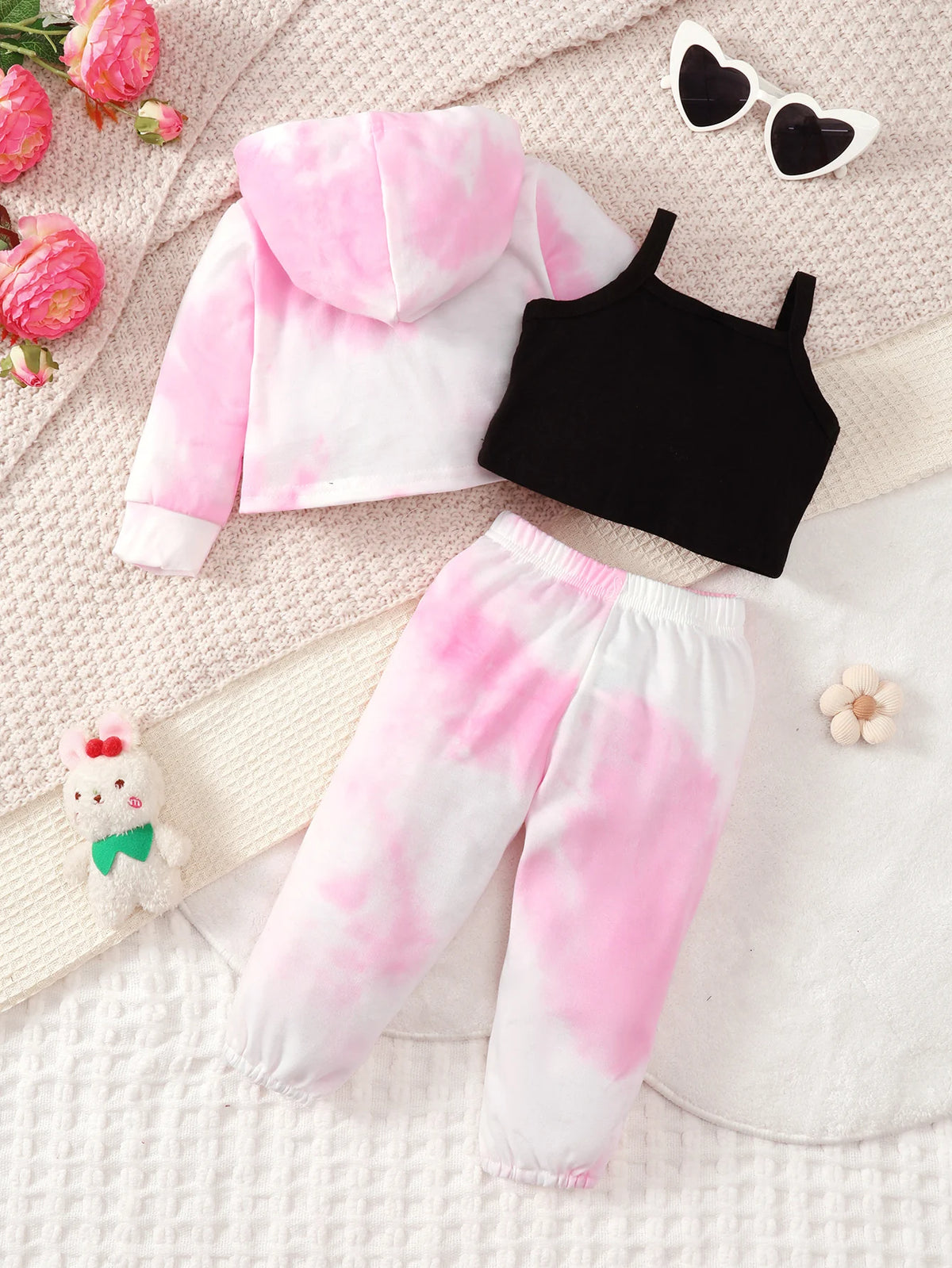 Baby Girl Spring And Autumn Pink Long Sleeved Hoodie With Personalized Printed Letter Pattern Three Piece Set