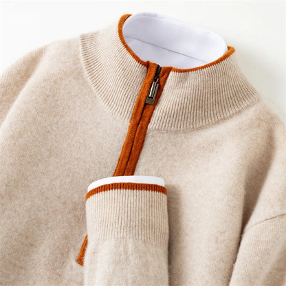 Men's 100% cashmere sweater casual knit pullover shirt loose Mock collar Tops zipper Blouse autumn/winter color blocked Jumper