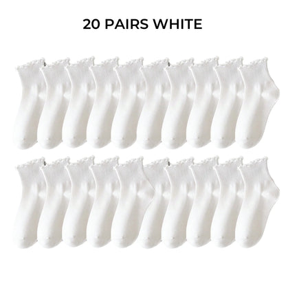 Women's Crew Socks with Ruffles, White and Black, Comfortable, Breathable, Moisture-Absorbing and Sweat-Wicking