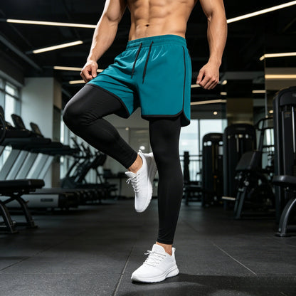 Men's 2-in-1 Sports Shorts, Training Tracksuit Set, Men's Running Jogger Pants for Marathon & Basketball Training