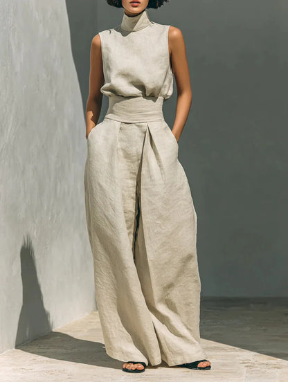 casual Solid Cotton Linen two-piece set for Women Sleeveless Turtleneck Top +High Waist Pants Set New Summer Button Loose Outfit