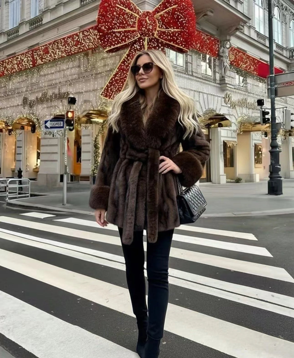 2026 Autumn Winter Women Faux Mink Fur Coat Wrap Lapel Collar Belted Mid Length Jacket Brown