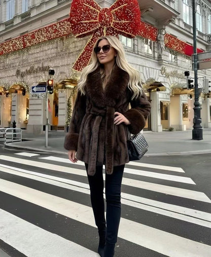 2026 Autumn Winter Women Faux Mink Fur Coat Wrap Lapel Collar Belted Mid Length Jacket Brown