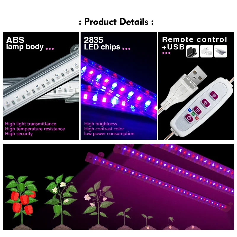 LED Grow Light 5V USB Plug Full Spectrum Led Bar Lamp for Plants High Luminous Efficiency 30cm for Grow Tent Greenhouses Flowers