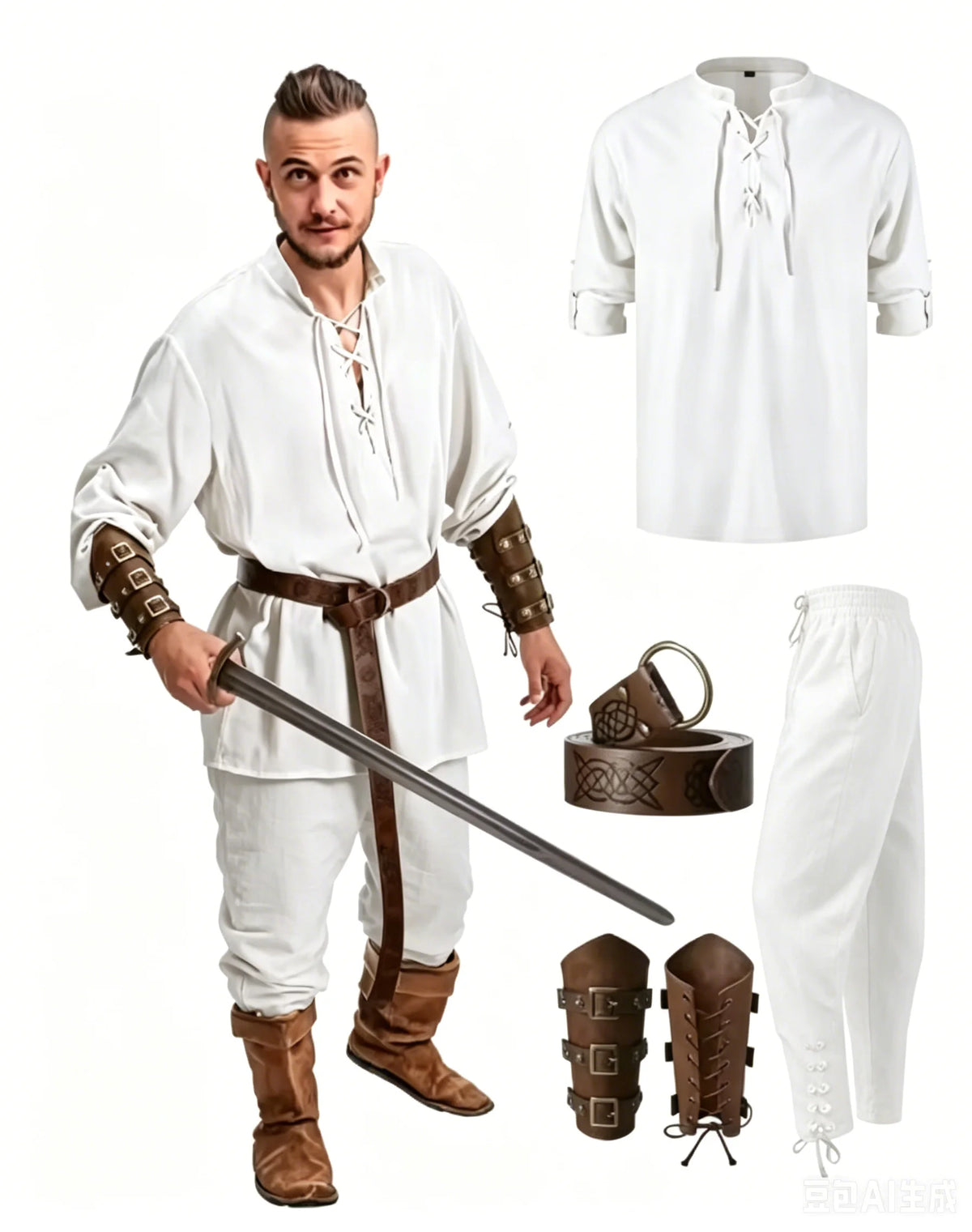 4 Pcs Halloween Men's Renaissance Costume Set Medieval Pirate Shirt Ankle Banded Pants Viking Belt Accessories