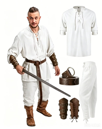 4 Pcs Halloween Men's Renaissance Costume Set Medieval Pirate Shirt Ankle Banded Pants Viking Belt Accessories