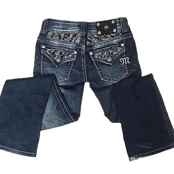 Street Y2K Spice Girl Vintage Low Waist Sequins Niche Design Slim Fit Washed Straight Jeans
