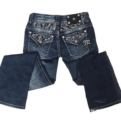 Street Y2K Spice Girl Vintage Low Waist Sequins Niche Design Slim Fit Washed Straight Jeans