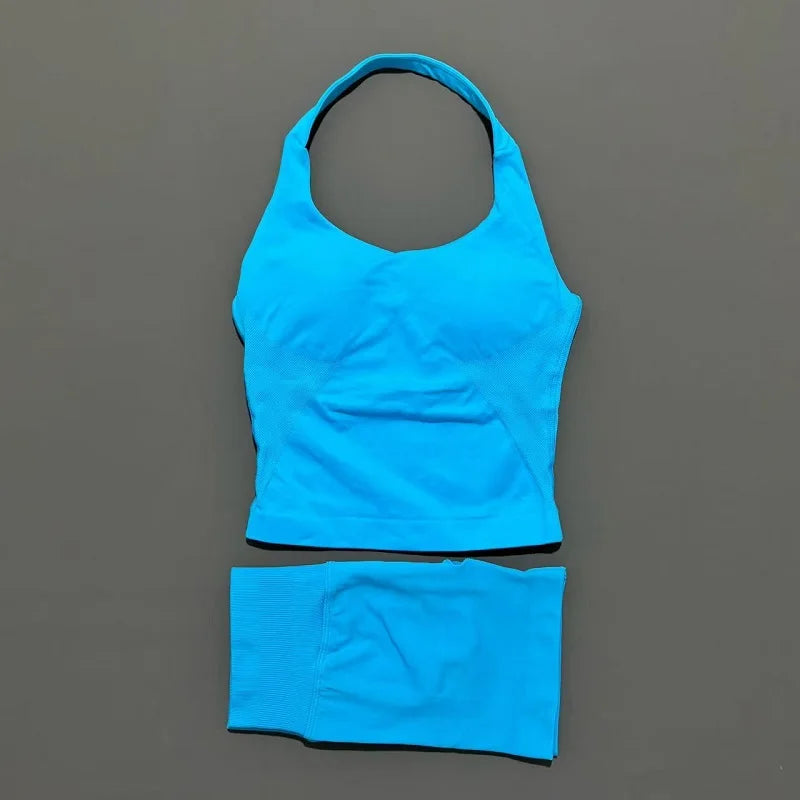 2 Pieces Shorts Yoga Set Women Backless Halter Tops High Waist Seamless Shorts Gym Suit Fitness Sportswear Workout Sets