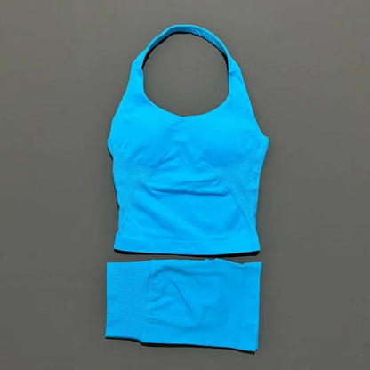 2 Pieces Shorts Yoga Set Women Backless Halter Tops High Waist Seamless Shorts Gym Suit Fitness Sportswear Workout Sets