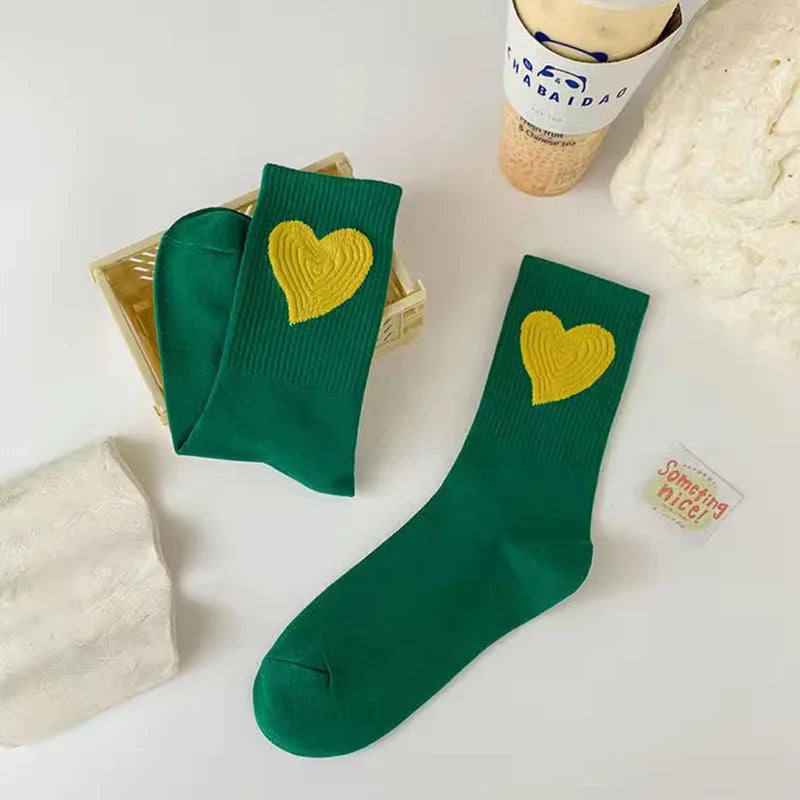 New Women Socks Cute Love With Heart Print Sock Cotton Harajuku Vintage Happy Female Dots Heart Kawaii Sox White Pink Crew Sock