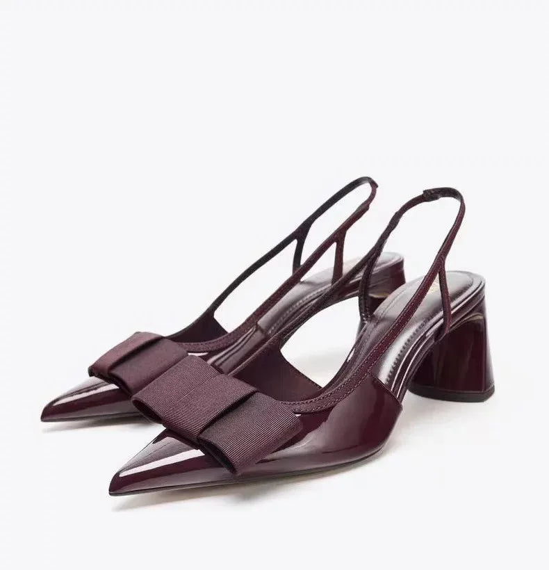 Summer New Women's Shoes with Black Bow Decoration, Exposed Heels, Thick Heels, Pointed High Heels, Shallow Sandals