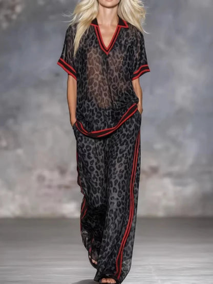 Women's Leopard Print Two Piece Outfit - Short Sleeve V-Neck Top & Wide Leg Pants Set Red Striped Trim Semi-Sheer Chiffon Set