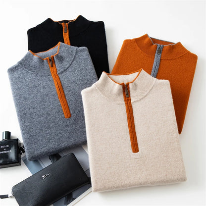 Men's 100% cashmere sweater casual knit pullover shirt loose Mock collar Tops zipper Blouse autumn/winter color blocked Jumper