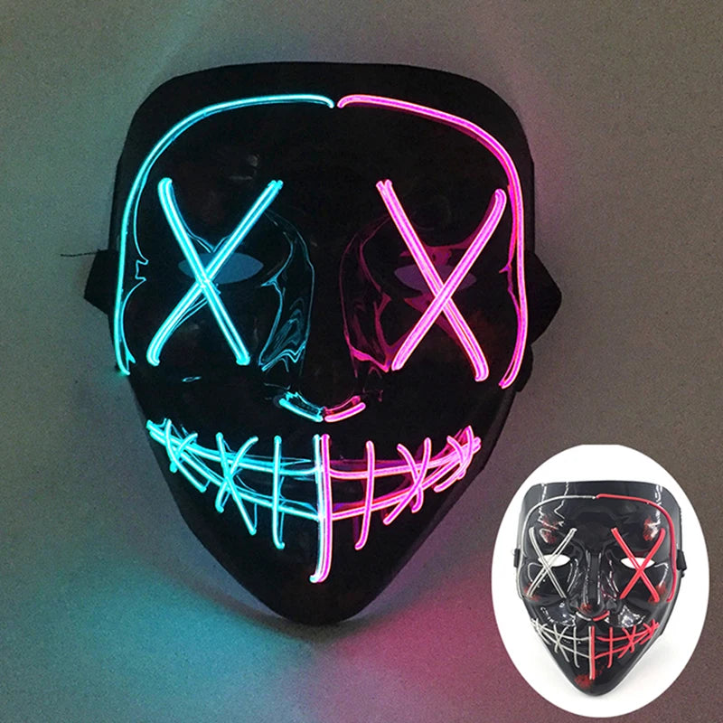 Wireless LED Neon Purge Mask & Fiber Optic Gloves, Scary Glow In Dark Mask for Halloween Carnival Cosplay Bar Birthday Party