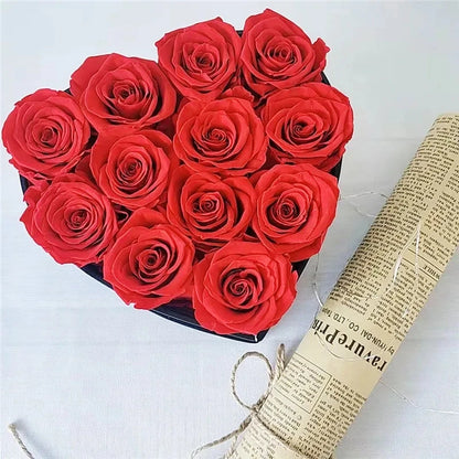 12-13PCS Peserved Roses in Heart Shape Box 100% Natural Long Last Real Eternal Real Rose Mothers Valentines Day Gifts Home Decor