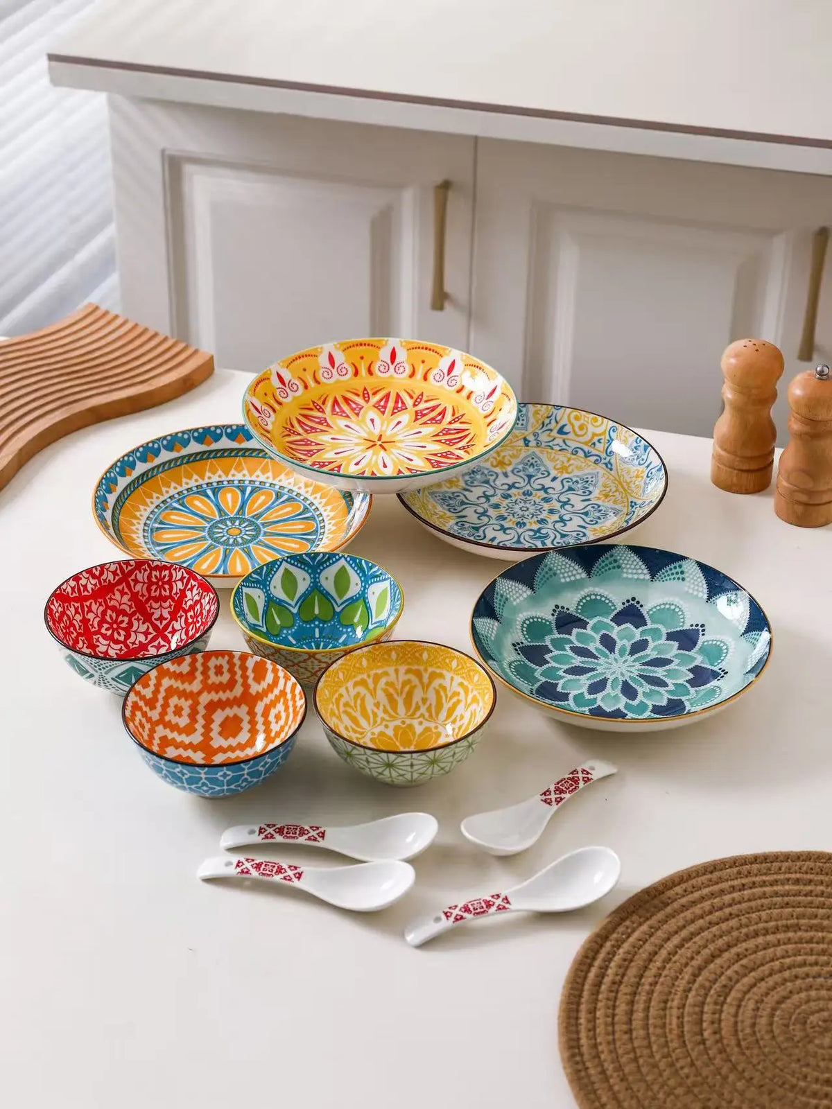 12-Piece Bohemian Dinnerware Set for 4 People, Household Plates Bowls Spoons, Oven/Microwave/Dishwasher Safe