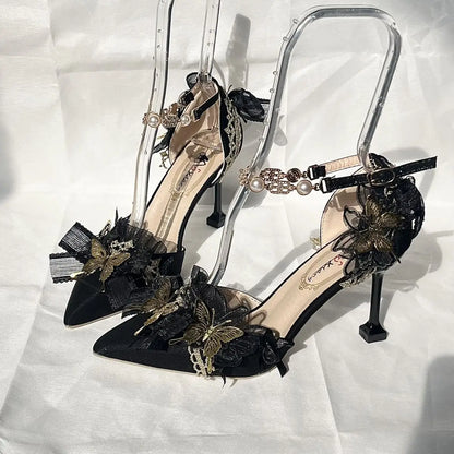 Ladies Gothic Lolita High Heels Handmade Black&Gold Pointed Toe Slip-On with Lace 5-8cm Stiletto Heel cute shoes  wedding shoes