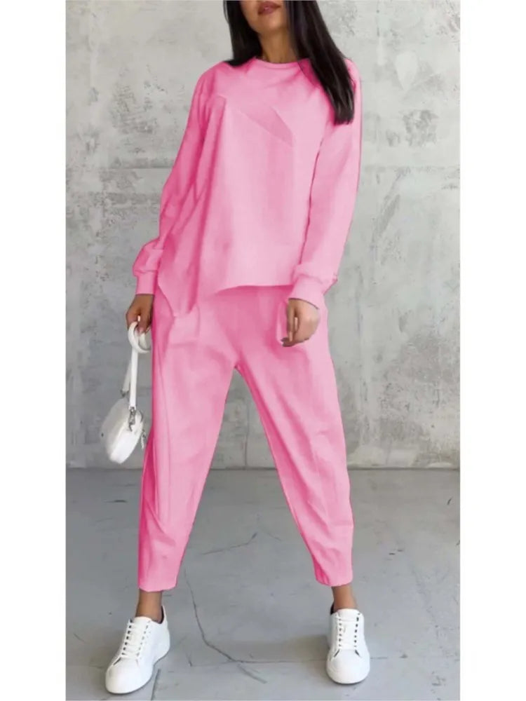 Autumn Winter Solid Color Casual Loose Irregular Long Sleeve Hoodie Women's Suit Fashion Simple Harun Pants Female 2 Piece Set