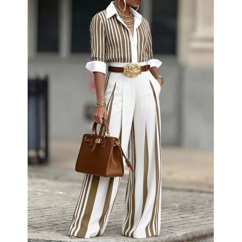 Spring Autumn Fashion Striped Printed Long Sleeve Shirt Women Suit Wide Leg Pocket Pants Female Office 2piece Set Including Belt