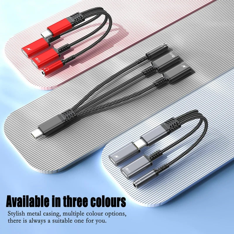 PD 60W Type C to Dual Type C 3.5mm Headphone and Charger Adapter 3 In1 USB C to AUX Audio Jack Dongle Cable For Samsung IPhone16
