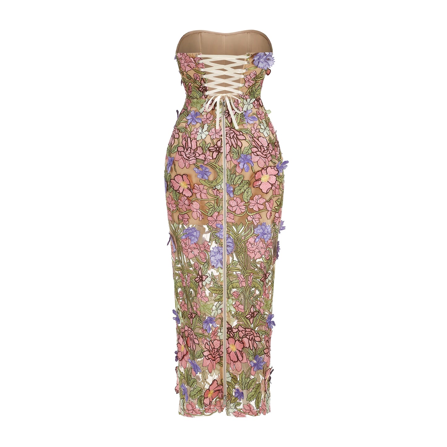 New Sexy Strapless Back Lace Up Dress for Women, Slim Fit and Simple Floral Embroidery Fabric Party Dress Long